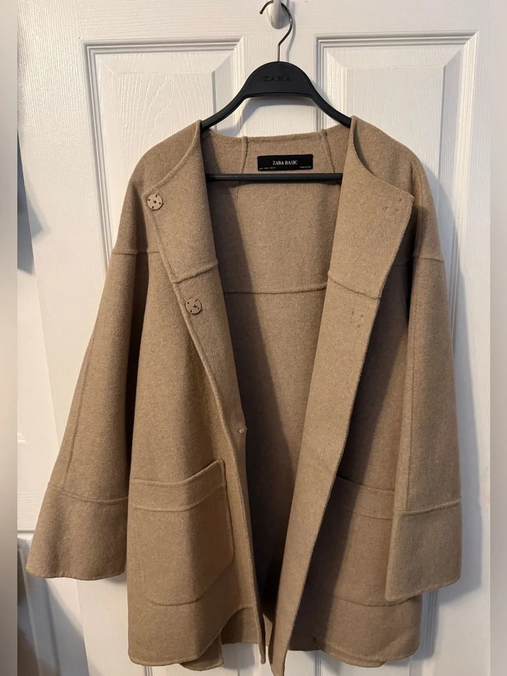 Zara Camel Tan Collarless Wool-Blend Peacoat